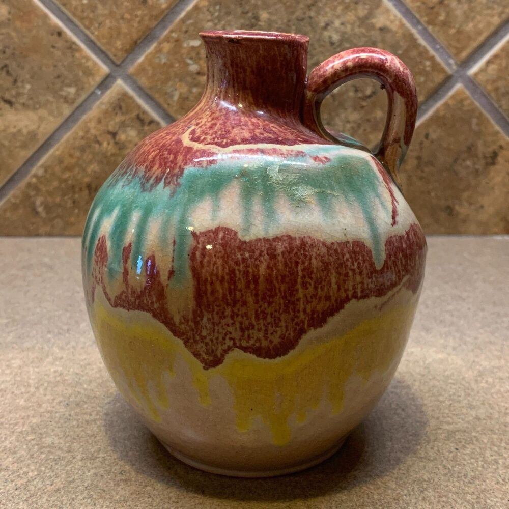 Vintage North Carolina Drip Glaze Art Pottery Vase Jug 5.5 Inches Multicolored